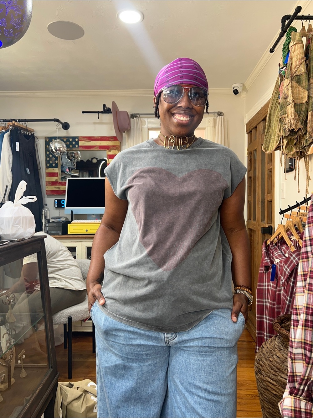 Washed Gray Muscle Tee with Mauve Heart